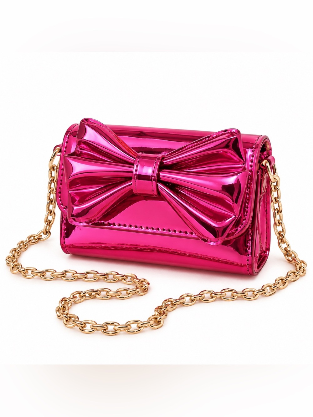 Metallic rose red Bow Crossbody Bag with Gold Chain